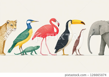 Leopard, bird, flamingo, toucan, elephant and turtle forming a line in a children illustration 126665874