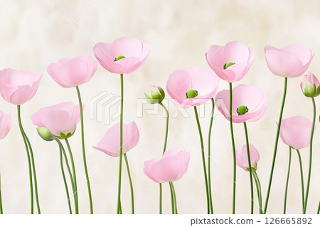 Close-up view of soft pink wildflowers with delicate petals and olive-green stems set against a blurred beige background in a serene natural setting 126665892