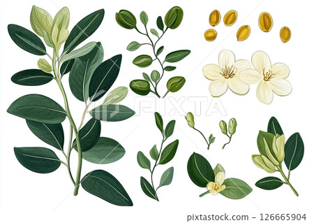 Botanical diagram showcasing the caper plant with detailed leaves, flowers, and buds for educational purposes Botanical diagram showcasing the caper plant with detailed leaves, flowers, and buds for educational purposes 126665904
