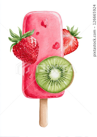 Vibrant pink popsicle adorned with fresh strawberries and a slice of kiwi, showcasing a delightful summer treat with colorful fruit accents and a wooden stick 126665924
