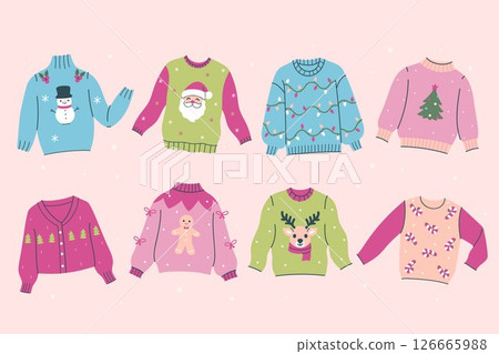 Set of Christmas ugly sweaters in pink, green and blue colors. Vector graphics. 126665988