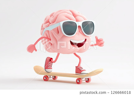 Cartoon brain character wearing sunglasses is skateboarding on a wooden board, showcasing a fun and playful attitude in a vibrant and cheerful environment Cartoon brain character wearing sunglasses is skateboarding on a wooden board, showcasing a fun and playful attitude in a vibrant and cheerful environment 126666018