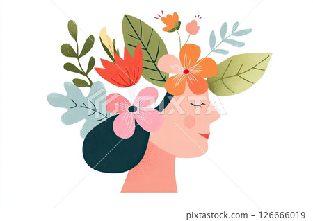Illustration of a serene woman with flowers and leaves in her hair, symbolizing growth, renewal, and the healing power of nature in a vibrant and colorful design Illustration of a serene woman with flowers and leaves in her hair, symbolizing growth, renewal, and the healing power of nature in a vibrant and colorful design 126666019