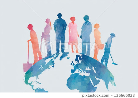 Workers silhouettes standing on Earth globe representing global workforce Workers silhouettes standing on Earth globe representing global workforce 126666028