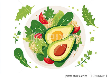 Fresh salad featuring sliced avocado, cherry tomatoes, and leafy greens, arranged beautifully on a white plate, showcasing healthy eating and vibrant colors for a nutritious meal 126666051