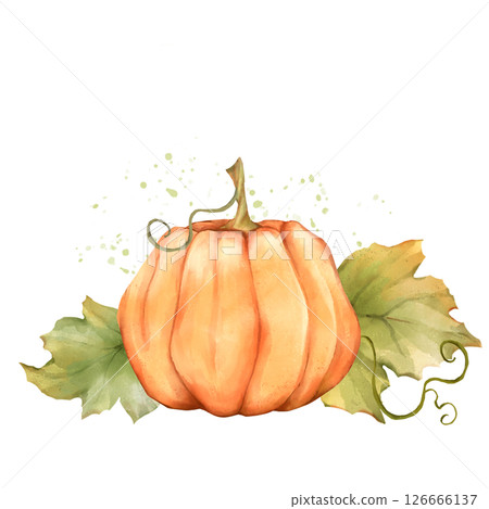 Hand-drawn Orange Pumpkin illustration with Autumn Leaves in Warm Tones 126666137