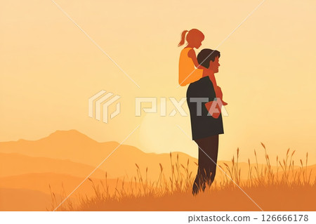 Father carrying daughter on shoulders during sunset, silhouetted against a warm orange sky, surrounded by tall grass, capturing a joyful bonding moment in nature 126666178