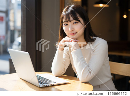 A woman in her twenties working on a laptop in a cafe 126666352