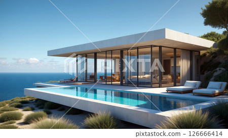 Modern Villa With Infinity Pool Overlooking Ocean at Sunrise in a Tranquil Coastal Location 126666414