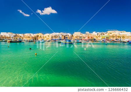 Picturesque view of Marsaxlokk, a small fishing town in Malta 126666432
