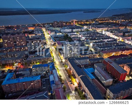 FUYUAN, CHINA - MAY 14, 2025-Aerial cityscape of downtown of Fuyuan city is the most eastern point of China, border crossing between China and Russia. 126666625