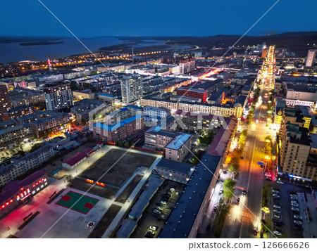 FUYUAN, CHINA - MAY 14, 2025-Aerial cityscape of downtown of Fuyuan city is the most eastern point of China, border crossing between China and Russia. 126666626