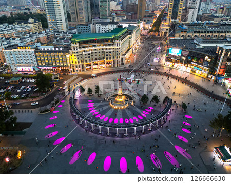 Harbin, CHINA-MAY 15, 2025-Aerial view of Harbin People's Flood Control Victory Memorial Tower in the downtown of Harbin city. 126666630
