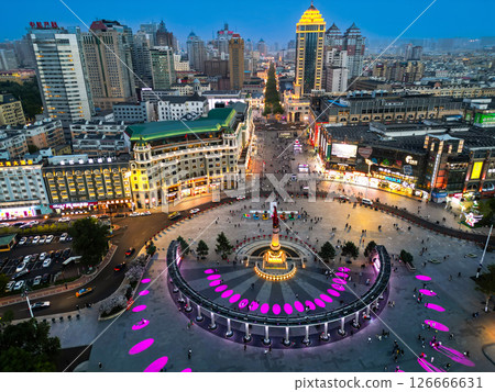 Harbin, CHINA-MAY 15, 2025-Aerial view of Harbin People's Flood Control Victory Memorial Tower in the downtown of Harbin city. 126666631