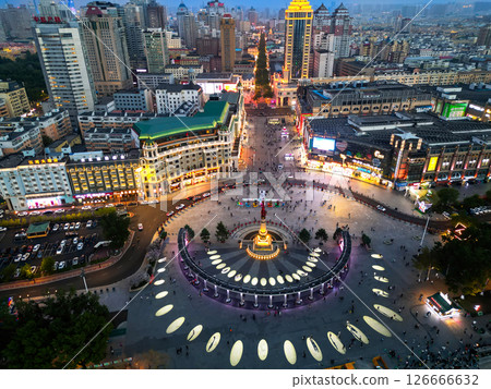 Harbin, CHINA-MAY 15, 2025-Aerial view of Harbin People's Flood Control Victory Memorial Tower in the downtown of Harbin city. 126666632