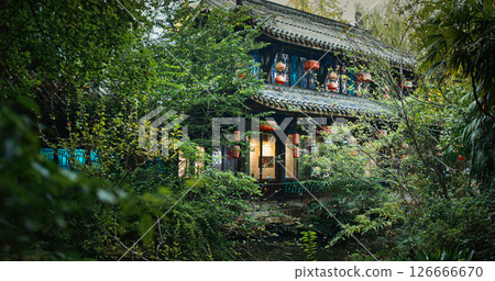 Chengdu, Sichuan, China. Calm Pond At Park Of Wuhou Memorial Temple. Ancestral Or Memorial Hall, Wuhou Ci. Traditional Chinese Architectural Ornament. Silence And Peace. Traditional Red Chinese 126666670