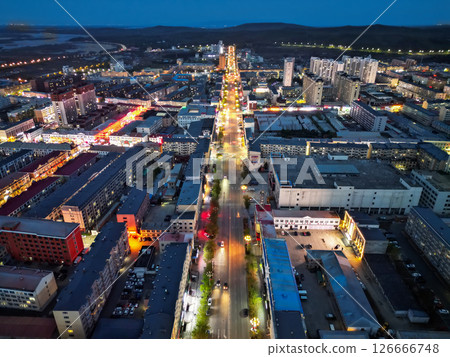 FUYUAN, CHINA - MAY 14, 2025-Aerial cityscape of downtown of Fuyuan city is the most eastern point of China, border crossing between China and Russia. 126666748