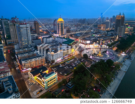 Harbin, CHINA-MAY 15, 2025-Aerial view of Harbin People's Flood Control Victory Memorial Tower in the downtown of Harbin city. 126666749