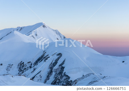 Early morning view of Mt. Okudainichi and the fantastic Venus Belt, sunrise from Mt. Tateyama's Enmadai 126666751