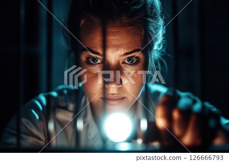 Female prison guard inspects a cell with determination during night shift 126666793