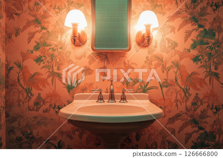 Traditional bathroom design features vintage faucet and patterned wallpaper with warm lighting 126666800