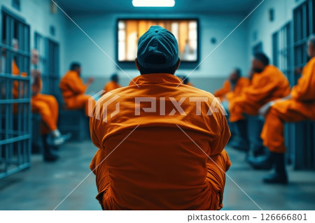 Crowded prison common room where a prisoner watches television surrounded by fellow inmates 126666801
