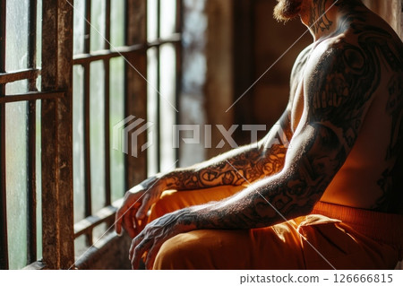 Tattooed inmate reflects on memories while examining an old picture in his prison cell 126666815