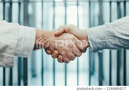 Lawyer and prisoner client handshake in a bright visitation room setting 126666817