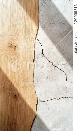 High angle view of polished wood and cracked concrete under bright natural light 126666818