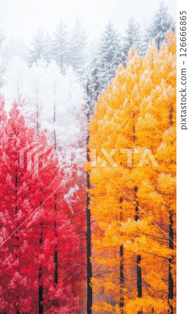 Forest divided by frost and fire under bright natural light creates a striking contrast 126666865