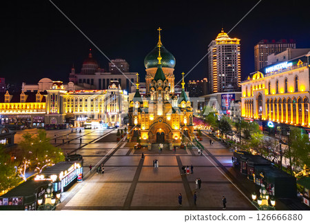 Harbin, CHINA-MAY 02, 2025-Aerial view of Saint Sophia Cathedral in downtown of Harbin, The renowned landmark of Harbin, HeiLongJiang, China. 126666880