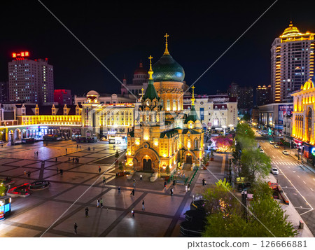 Harbin, CHINA-MAY 02, 2025-Aerial view of Saint Sophia Cathedral in downtown of Harbin, The renowned landmark of Harbin, HeiLongJiang, China. 126666881