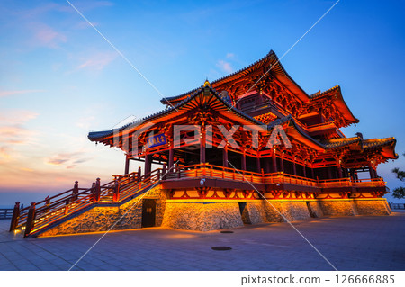 FUYUAN, CHINA - MAY 12, 2025-Aerial view of Donggeji pavilion of Fuyuan city is the most eastern point of China, border crossing between China and Russia. 126666885