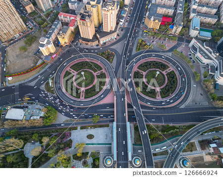 Harbin, CHINA-MAY 05, 2025-Aerial cityscape of Harbin's downtown, is the capital of Heilongjiang, China. It is the largest city of Heilongjiang 126666924