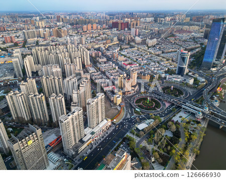 Harbin, CHINA-MAY 05, 2025-Aerial cityscape of Harbin's downtown, is the capital of Heilongjiang, China. It is the largest city of Heilongjiang 126666930
