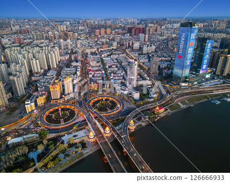 Harbin, CHINA-MAY 05, 2025-Aerial cityscape of Harbin's downtown, is the capital of Heilongjiang, China. It is the largest city of Heilongjiang Harbin, CHINA-MAY 05, 2025-Aerial cityscape of Harbin's downtown, is the capital of Heilongjiang, China. It is the largest city of Heilongjiang 126666933