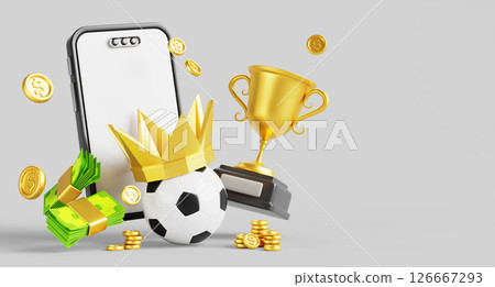 Online sport betting in mobile app background. Render empty smartphone, soccer ball with gold crown, championship cup with flying coins and paper money. Internet bet, win in bookmaker. 3D illustration 126667293