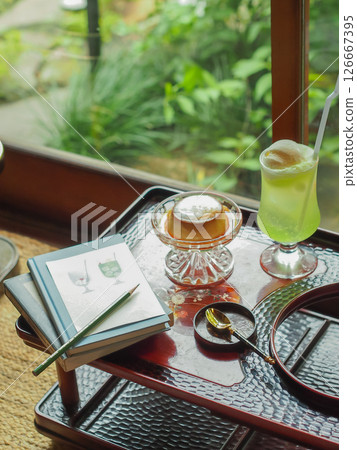 Tea time on the veranda: Melon soda and pudding Tea time on the veranda: Melon soda and pudding 126667395