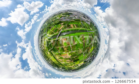 Aerial photography of Saitama Prefecture's Minuma rice fields photographed with a spherical camera Aerial photography of Saitama Prefecture's Minuma rice fields photographed with a spherical camera 126667554