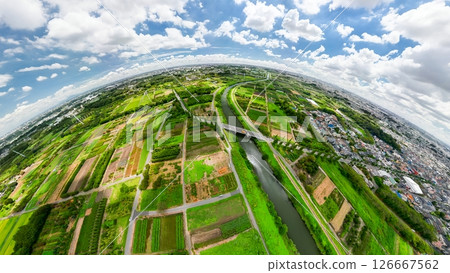 Aerial photography of Saitama Prefecture's Minuma rice fields photographed with a spherical camera Aerial photography of Saitama Prefecture's Minuma rice fields photographed with a spherical camera 126667562