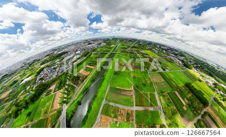 Aerial photography of Saitama Prefecture's Minuma rice fields photographed with a spherical camera Aerial photography of Saitama Prefecture's Minuma rice fields photographed with a spherical camera 126667564