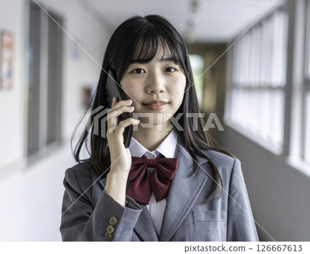 A high school girl making a phone call in the school hallway 126667613