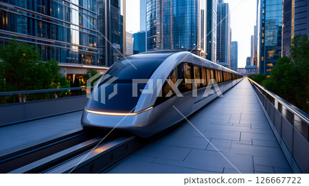 Futuristic magnetic monorail train with sleek design moving through a high-tech urban environment 126667722
