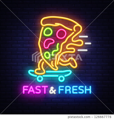 Pizza neon sign, slice on skateboard. Vector illustration with glowing text FAST FRESH on dark brick wall. Fun food delivery concept Pizza neon sign, slice on skateboard. Vector illustration with glowing text FAST FRESH on dark brick wall. Fun food delivery concept 126667778