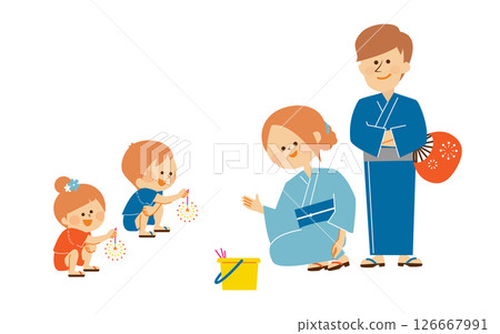 Parents and children playing fireworks, summer vacation, illustration material 126667991