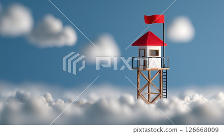 Minimalist 3D illustration of a lifeguard tower with a red flag under a serene blue sky and soft clouds at the beach Minimalist 3D illustration of a lifeguard tower with a red flag under a serene blue sky and soft clouds at the beach 126668009