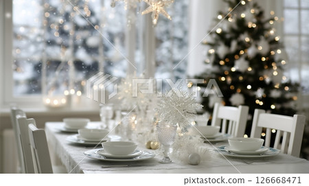 Elegant white-themed informal Christmas dinner with stylish decor and exquisite cuisine Elegant white-themed informal Christmas dinner with stylish decor and exquisite cuisine 126668471