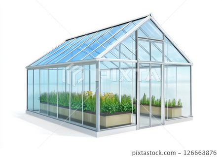 clear roof greenhouse design for plants with vibrant greenery inside 126668876