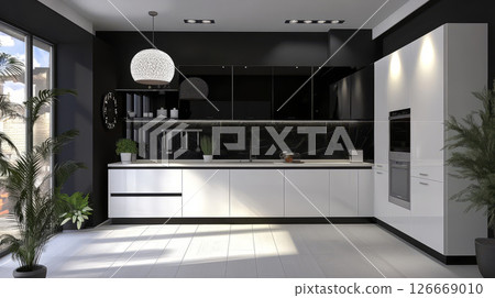 Modern kitchen design with sleek white cabinets, black accents, and plants 126669010