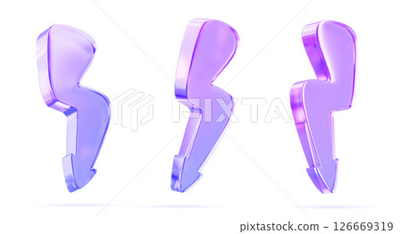 Glass holographic flash, lightning, sale gradient thunder bolt storm charges. Electricity, blitz strikes 3d render set. Thunderbolt, discount arrow with purple blue gradient texture. 3D illustration Glass holographic flash, lightning, sale gradient thunder bolt storm charges. Electricity, blitz strikes 3d render set. Thunderbolt, discount arrow with purple blue gradient texture. 3D illustration 126669319
